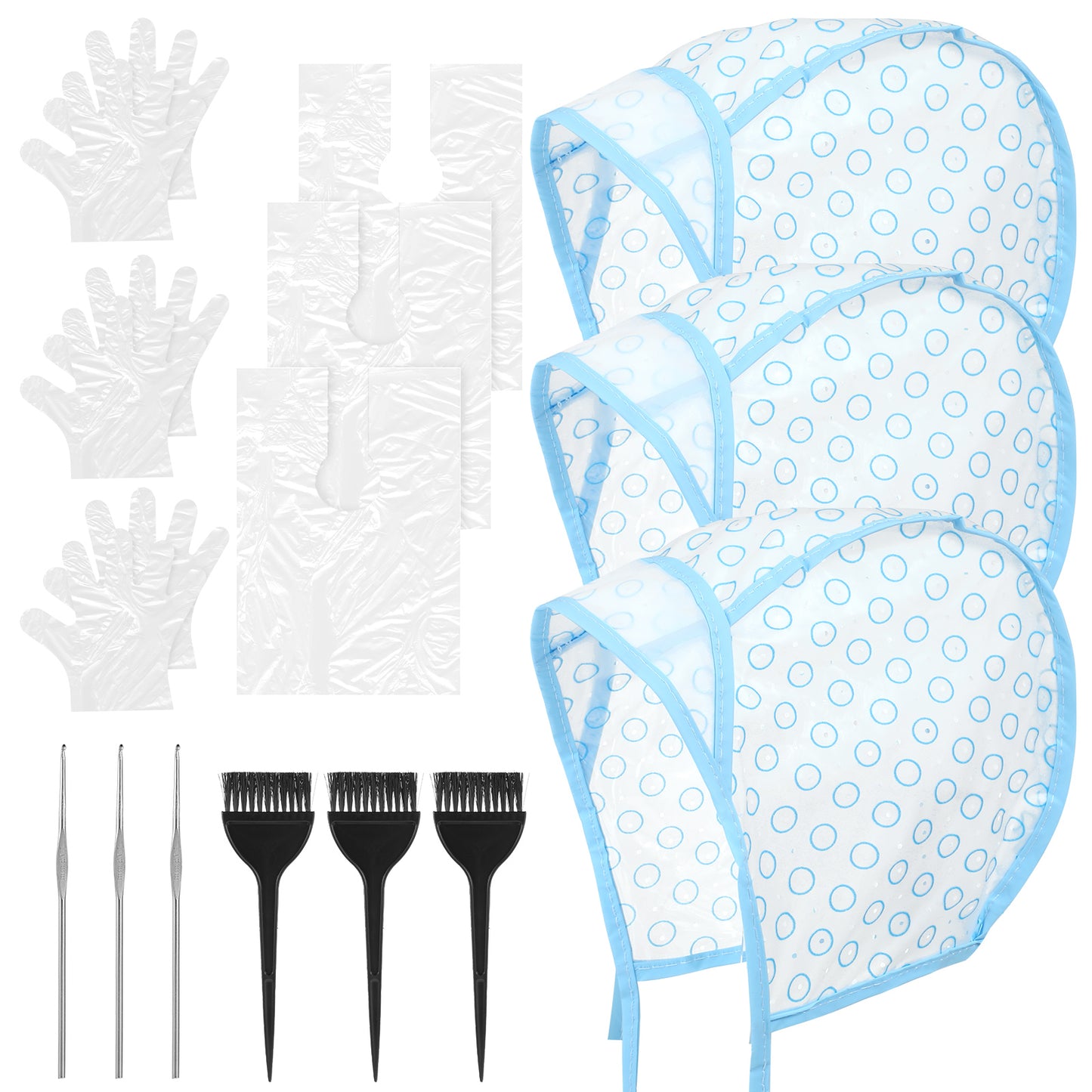 Lusofie Hair Coloring Kit Includes 3 Pcs Highlight Cap with 3 Pcs Crochet Hooks 3 Pcs Dye Brush 3 Pair Gloves 3 Disposbale Hair Dye Shawl Comprehensive Hair Highlighting Kit for Dyeing Hair (Blue)