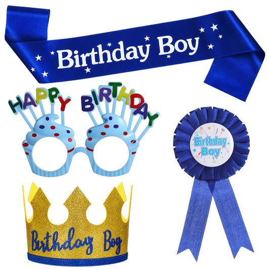 Gemoioio Kids Birthday Crown & Dress Up Set – Birthday Boy Pin, birthdaysash and crown, Royal Dress Up Costume Accessories for Boys BirthdayParty Decorations
