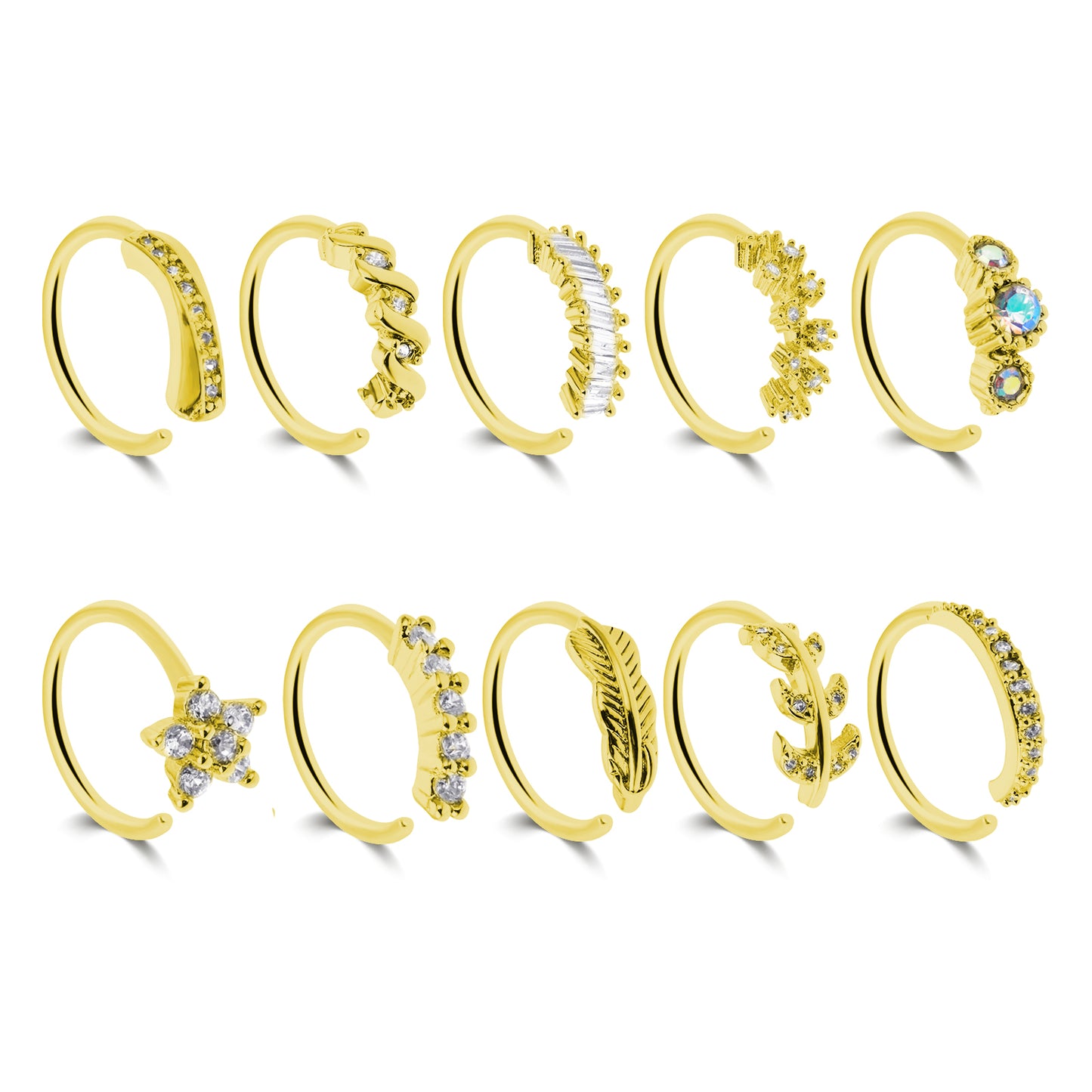 10PCS Nose Rings Hoops for Women Men Stainless Steel White Stone Feather Nose Rings Gold Cartilage Earrings Lip Ring Piercing Jewelry 8mm(Gold)