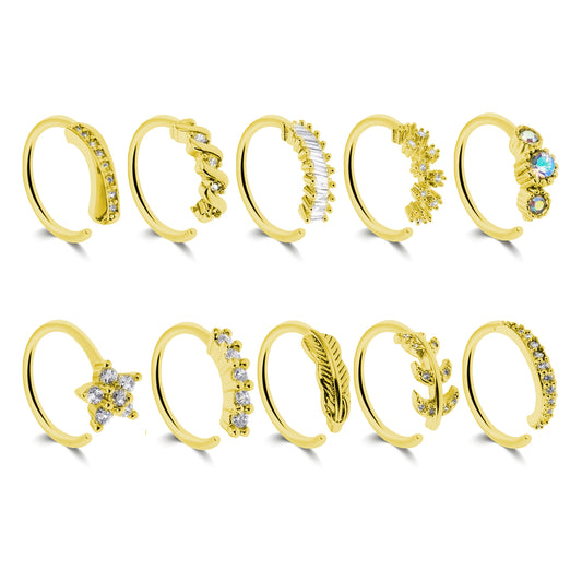 10PCS Nose Rings Hoops for Women Men Stainless Steel White Stone Feather Nose Rings Gold Cartilage Earrings Lip Ring Piercing Jewelry 8mm(Gold)