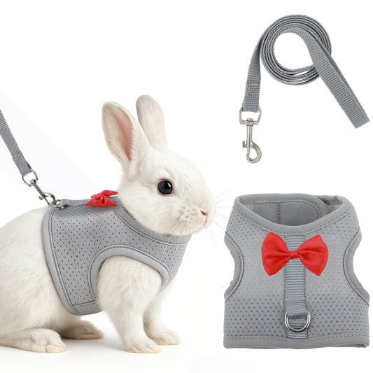 Bunny Harness and Leash Set, Soft Breathable Mesh Rabbit Vest with Safety Buckles, Lightweight Escape-Proof Walking Gear for Rabbits, Kittens, Ferrets, Guinea Pigs, Grey S