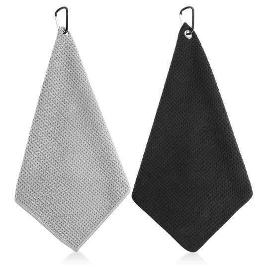 Lusofie 2Pcs Golf Towel with Carabiner Waffle Pattern Golf Bag Towel Microfiber Fabric Golf Towel for Golf Bag Trolly Belt Loop (Black,Grey)
