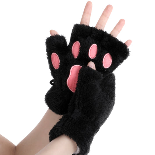 Yolev Cat Paws Gloves Fingerless Bear Furry Paws Cute Paw Gloves Black Furry Stuff Cat Paw Glove Hand Gear Halloween Costume Novelty Clothing Cosplay Accessories