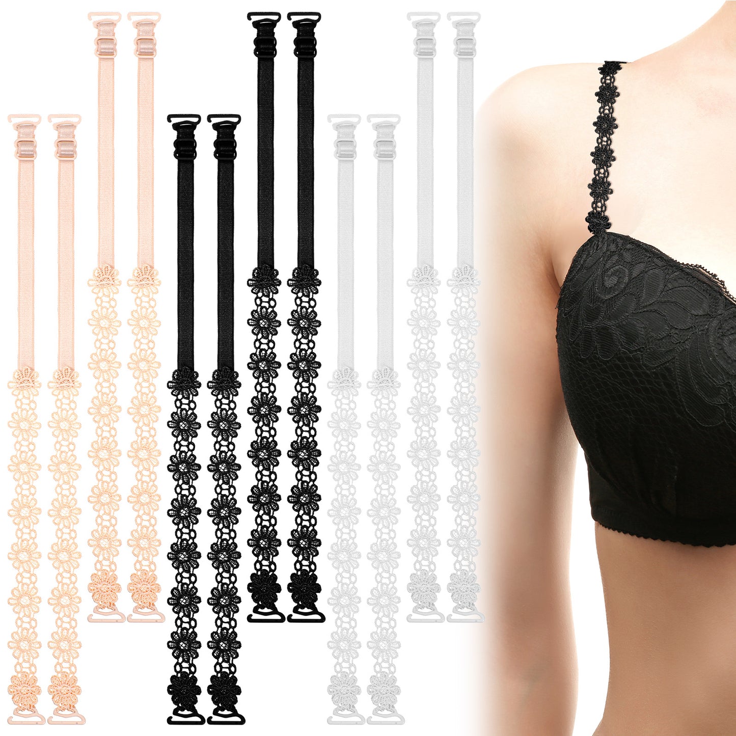 6 Pairs Bra Straps Decorative Lace Flower Dress Straps for Strapless Dress Replacement Elastic Straps for Dress Women Non-Slip (White, Beige, Black)