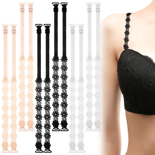 6 Pairs Bra Straps Decorative Lace Flower Dress Straps for Strapless Dress Replacement Elastic Straps for Dress Women Non-Slip (White, Beige, Black)