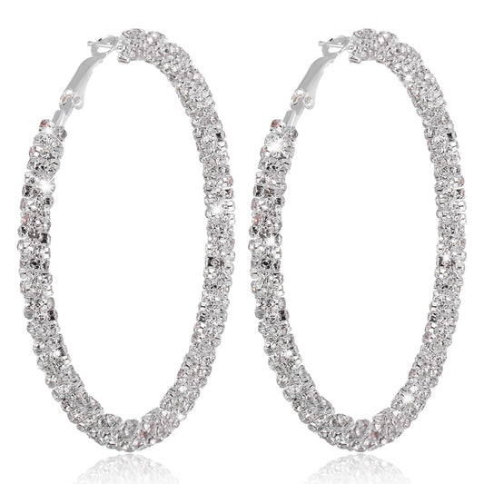 Rhinestone Hoop Earrings for Women, 2.92in Large Hoop Earrings Sparkly Big Hoops Earing for Wedding Party Outfits Christmas Birthday New Year