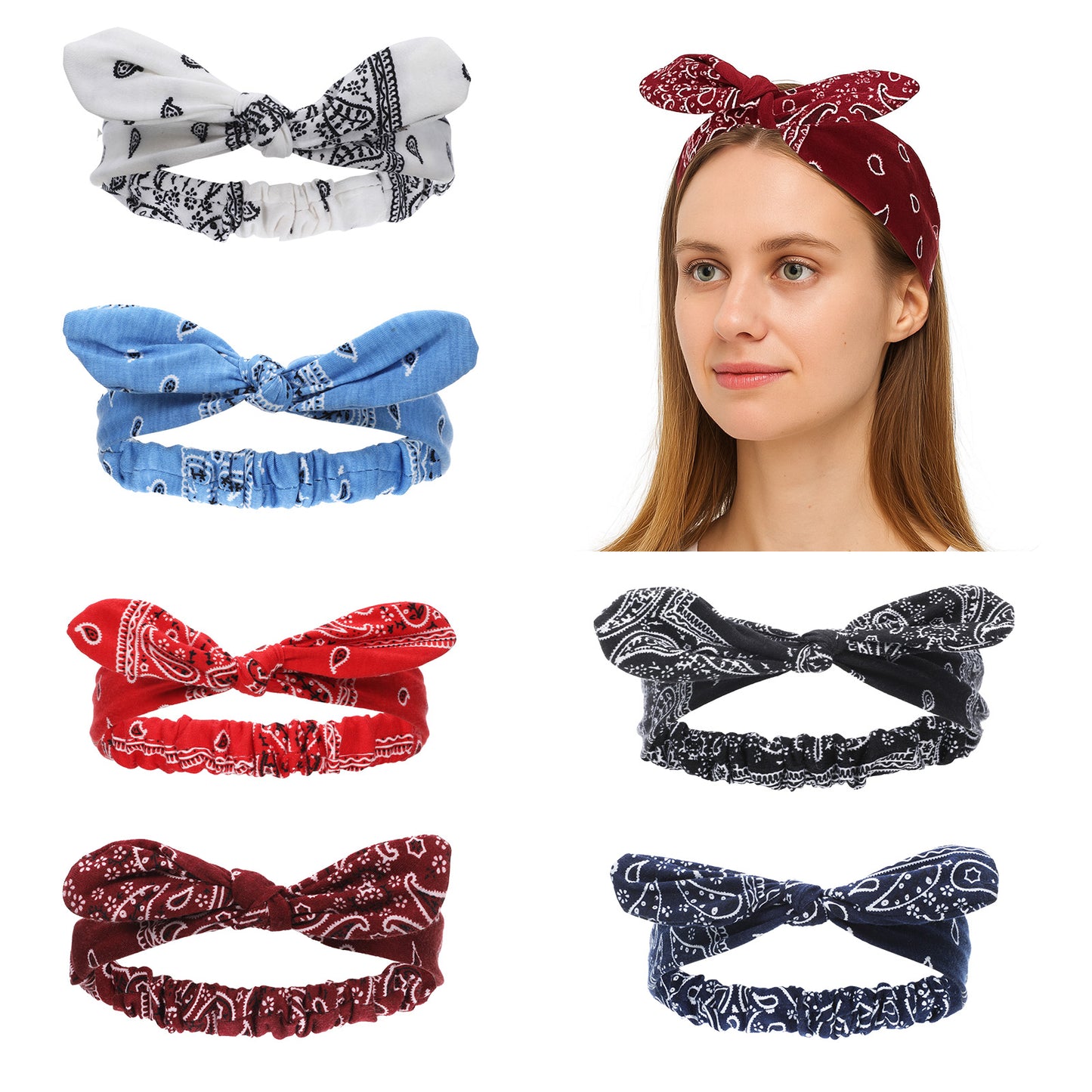 6pcs Boho Bow Headbands for Women, Headbands for Women Non Slip,Vintage Paisley Bandana, Boho Rabbit Ear Headwrap