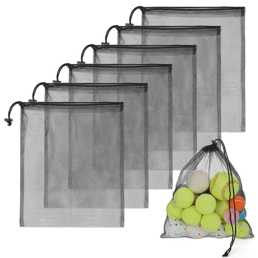 HekouJiub 6Pcs Mesh Drawstring Bag - 13.4" x 15.5" Portable Mesh Storage Bags Durable Sports Equipment Net Bag for Outdoor Activities Camping Travel (Black)