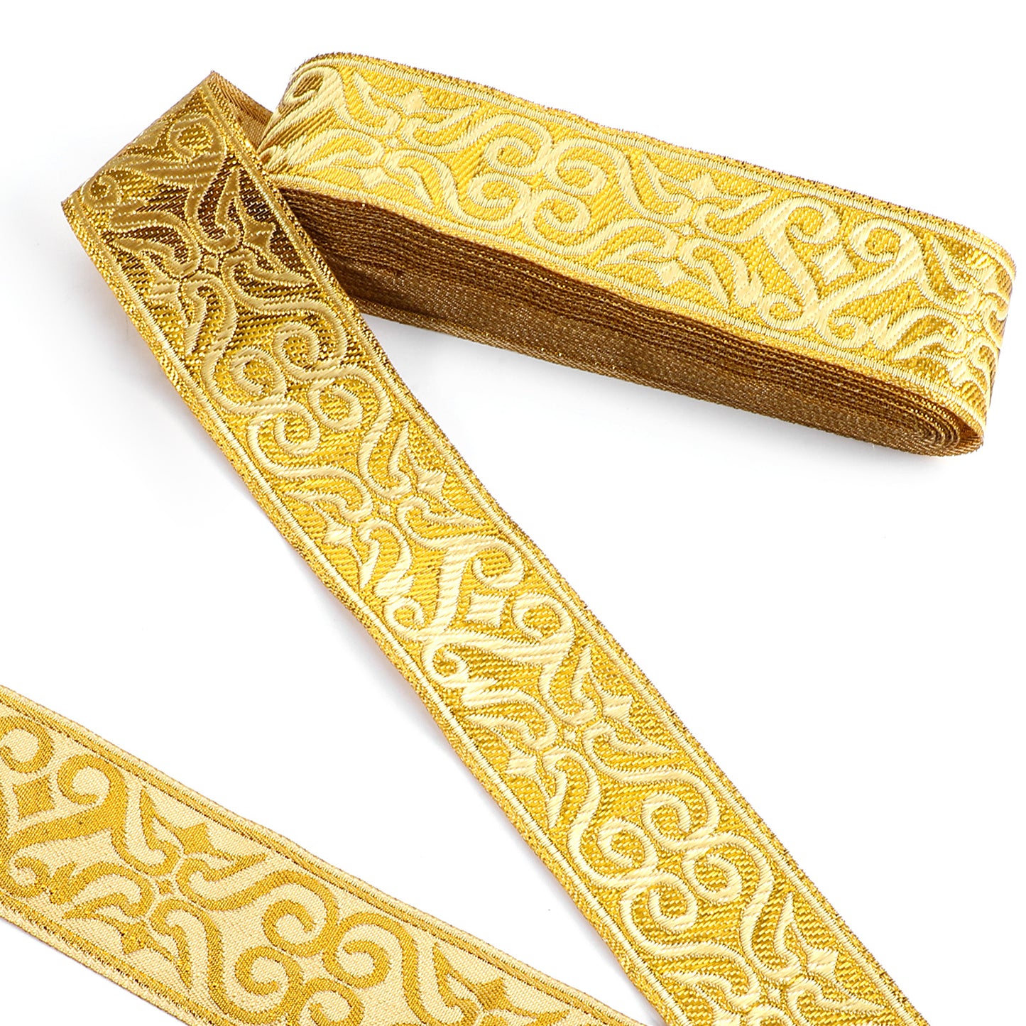 7.7 Yards Gold Jacquard Ribbon 1.34" Wide Gold Embroidered Ribbon Ethnic Floral Shimmering Jacquard Ribbons for DIY Crafts, Clothing Accessories, Gift Wrapping and Decoration.