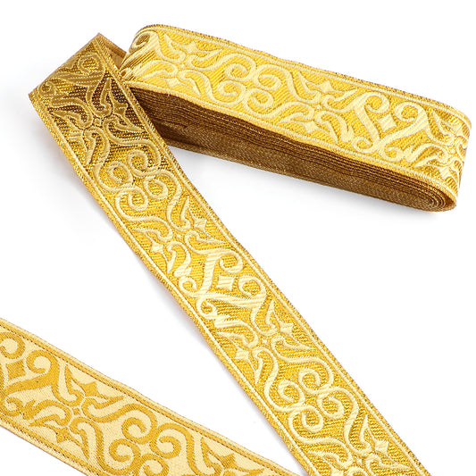 7.7 Yards Gold Jacquard Ribbon 1.34" Wide Gold Embroidered Ribbon Ethnic Floral Shimmering Jacquard Ribbons for DIY Crafts, Clothing Accessories, Gift Wrapping and Decoration.