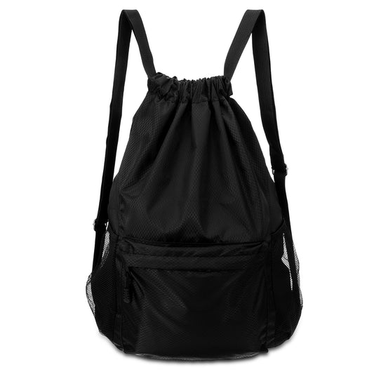 Tucnoeu Waterproof Drawstring Backpack, Black Drawstring Bag with Front Zipper Pocket and Inside Pocket, Perfect for Gym and Travel
