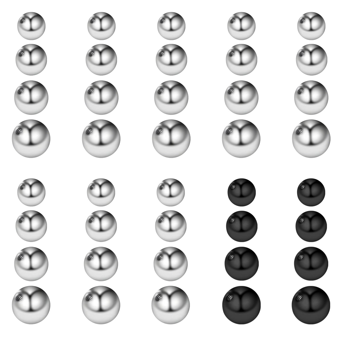 Josojoou 40PCS 16G Piercing Balls, 3/4/5/6mm Internal thread Septum Balls, Stainless Steel Piercing Ball, for Piercing Jewelry Tongue, Nipple, Navel, Nose (Black, Silver, 4 sizes)