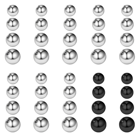 Josojoou 40PCS 16G Piercing Balls, 3/4/5/6mm Internal thread Septum Balls, Stainless Steel Piercing Ball, for Piercing Jewelry Tongue, Nipple, Navel, Nose (Black, Silver, 4 sizes)