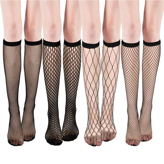 Telooco 4 Pairs Women's Fishnet Knee Stockings Black Fishnet Mesh Hollow out Socks Tights Fishnet Stockings