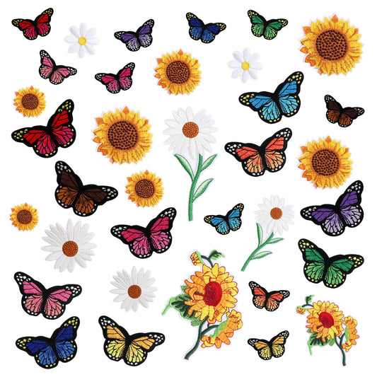 Yolev 35pcs Butterfly Embroidered Iron on Patches Sunflower Cute Sew On Applique Patches for Clothing iron on patches for Jeans Clothing Hats Bags Arts Crafts (Butterfly, Sunflower, Daisy)