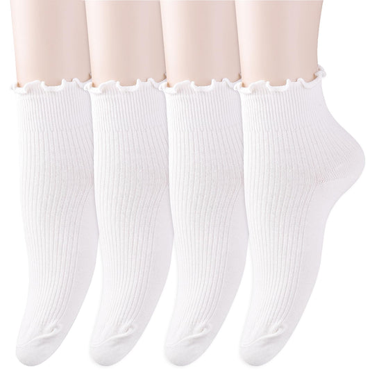 Yolev 4 Pairs Cute Ruffle Ankle Socks for Women Cotton Girls White School Socks White Frilly Lace Top Bows Dance Shimmering Soft Cotton Knit Lettuce Low Cut Frilly Crew Socks
