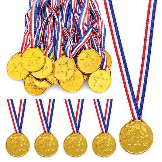 Lusofie 30 Gold Plastic Award Medals with Ribbons, 1.57 inch Winner Medals for Sports, Competitions, Talent Shows