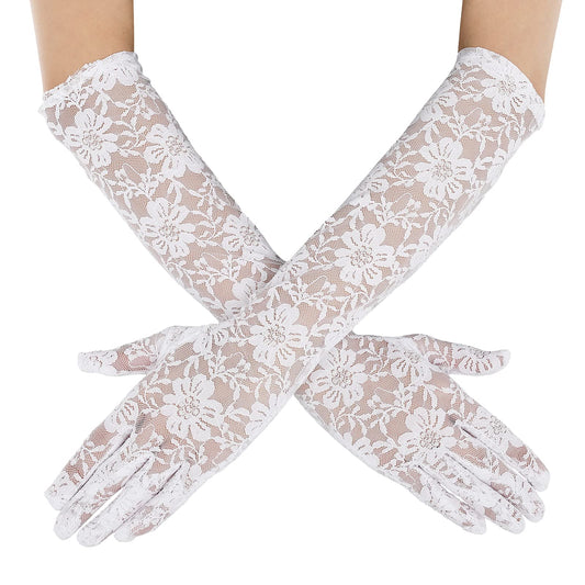Women's Long Lace Gloves Floral Lace Gloves Bridal Wedding Gloves Prom Opera Mittens for Women Tea Party Halloween Costumes Prom Masquerade (White)