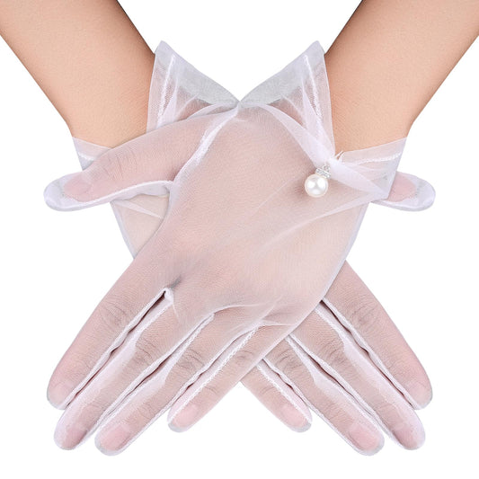 Women White Bridal Lace Gloves Elegant Short Tea Party Gloves Wrist Banquet Gloves with Pearl for Wedding Dinner Prom Party
