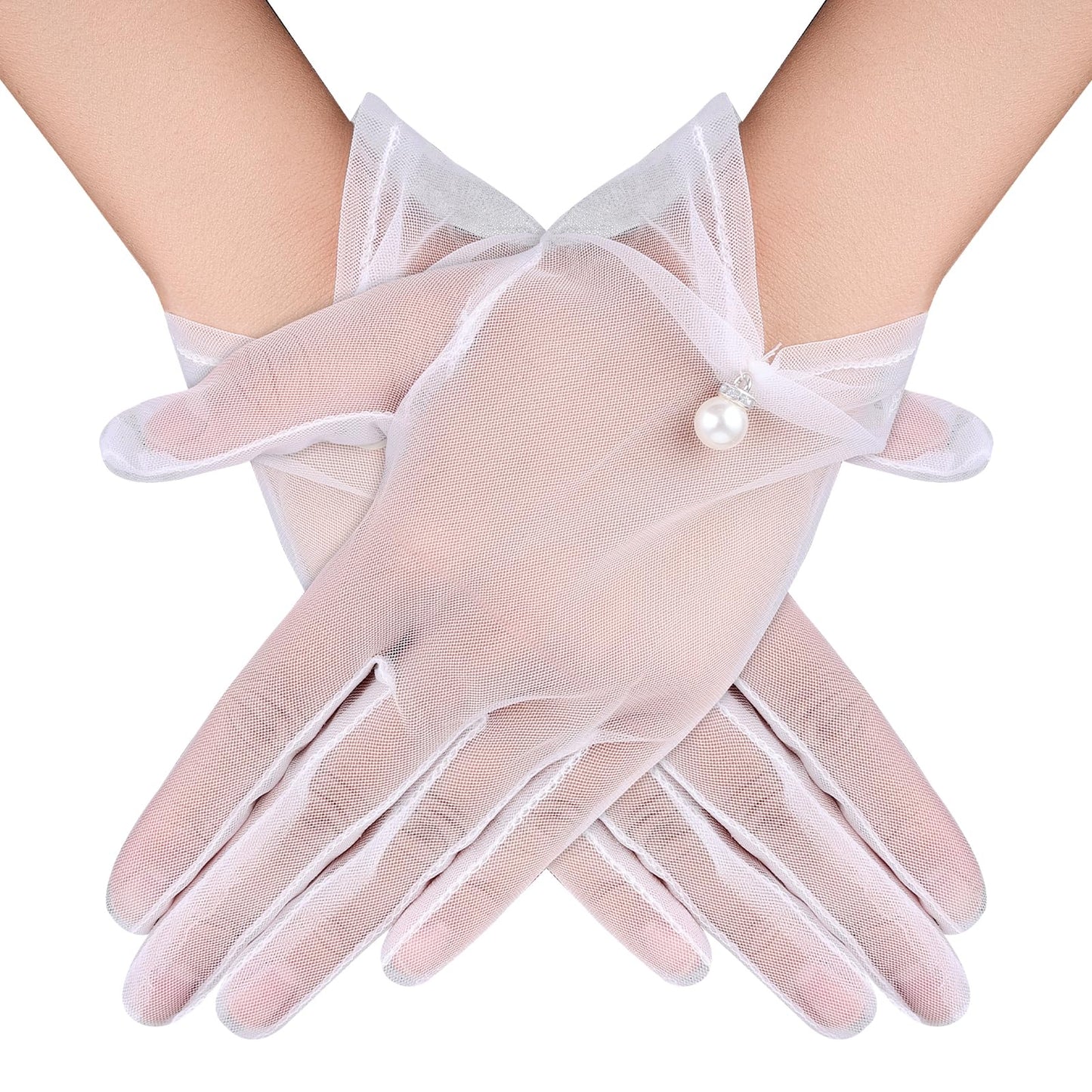 Women White Bridal Lace Gloves Elegant Short Tea Party Gloves Wrist Banquet Gloves with Pearl for Wedding Dinner Prom Party