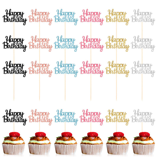 Telooco 24Pcs Happy Birthday Cupcake Toppers 6 Colors Glitter Birthday Cupcake Picks Decorations for Celebrating Birthday Party Cake 4.7 x 3 Inch