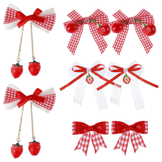 8 Pcs Cherry Hair Bows Strawberry Gingham Check Hair Accessories Cute Red Hair Bow Hair Clip Fruit Girly Ribbon Lace Bow Hair Barrettes for for Women Girls Halloween Party