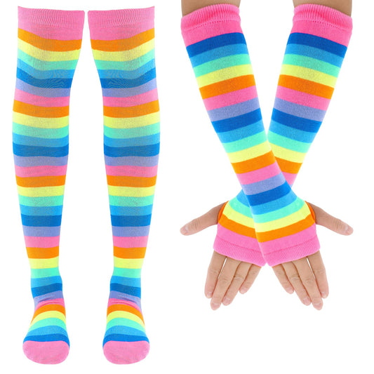 Women's Striped High Knee Socks and Arm Warmer Long Striped Socks Knit Fingerless Gloves Winter Christmas Party Costume Accessories (Multicolor)