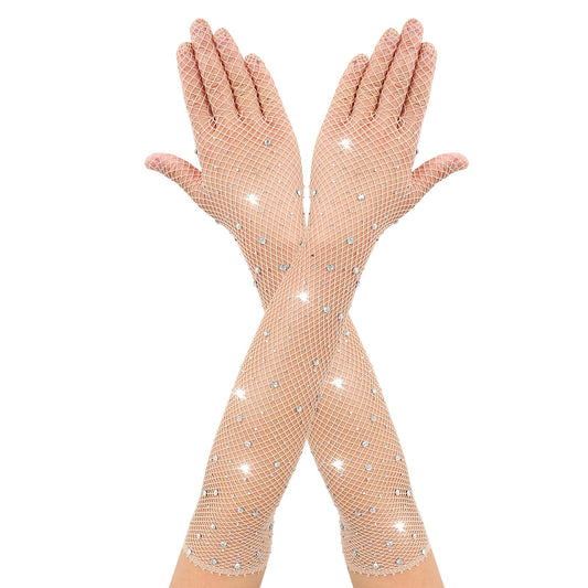 Rhinestones Long Fishnet Gloves Fish Net Gloves Full Finger Long Gloves for Women Mesh Glove for Evening Party (Skin Color)