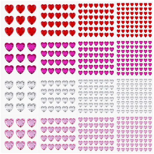 Lusofie 516Pcs Acrylic Heart Rhinestone Stickers Self-Adhesive Gem Stickers Face Gems Stick on Heart Jewels Rhinestones Stickers for Crafts Kids DIY(4 Colors, 4 Sizes)