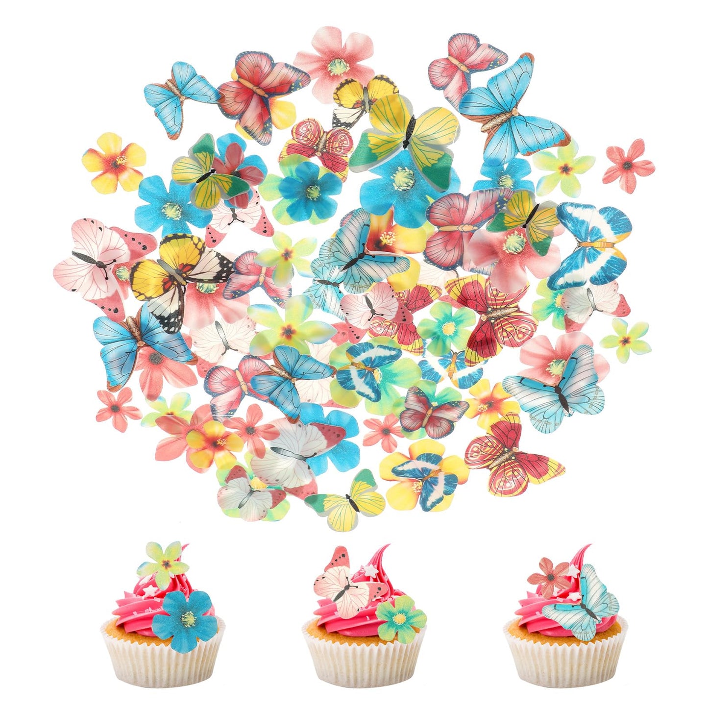 75pcs Flower Cupcake Toppers Butterfly and Flower Cupcake Toppers Butterfly Cake Toppers Paper for Wedding Birthday Cake Party Food Decorations