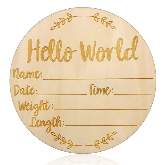 Lusofie Baby Announcement Sign, 5.9 inch Hello World Newborn Welcome Sig Round Wooden Birth Announcement Sign with Baby Name Date Announcement Sign for Hospital Nursery Gift