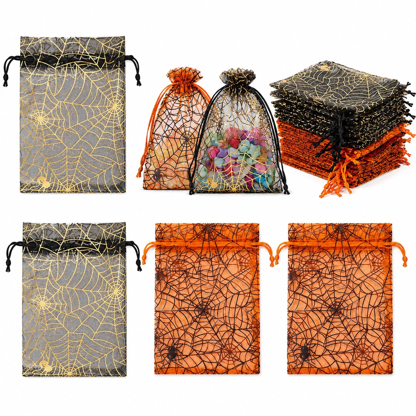 50 Pcs Halloween Organza Bags 3.93x5.51 inch Spiderwebs Organza Mesh Bag