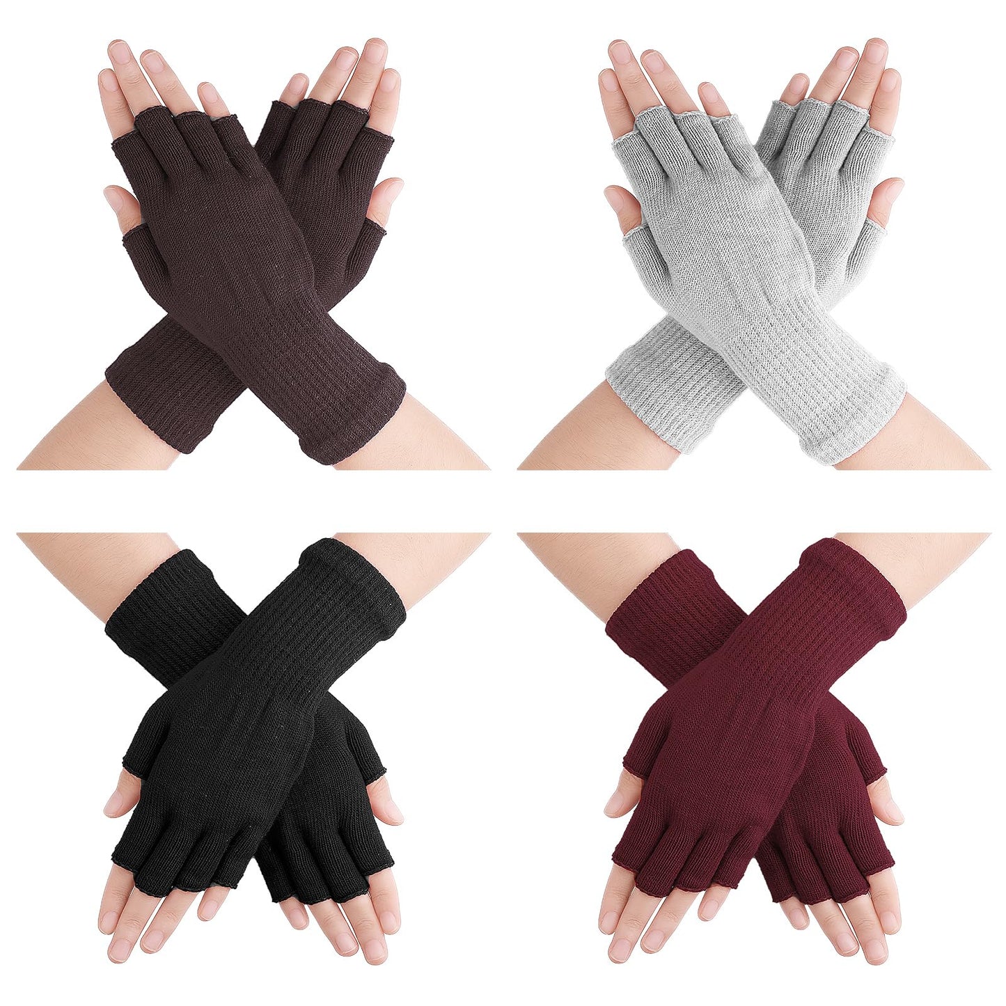 Yolev 4 Pairs Knitted Fingerless Gloves Winter Half Finger Warm Mittens Cold Weather Knit Gloves for Driving Skiing Running Outdoor Activities (Black/Wine Red/Light Grey/Brown)