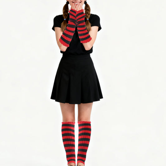 Tucnoeu Red-Black Stripe Knit Arm Warmers Striped Leg Warmers Y2k, Striped Arm Warmers Punk Gothic Alt Emo Scene Cool Winter Arm Sleeves Grunge Accessories