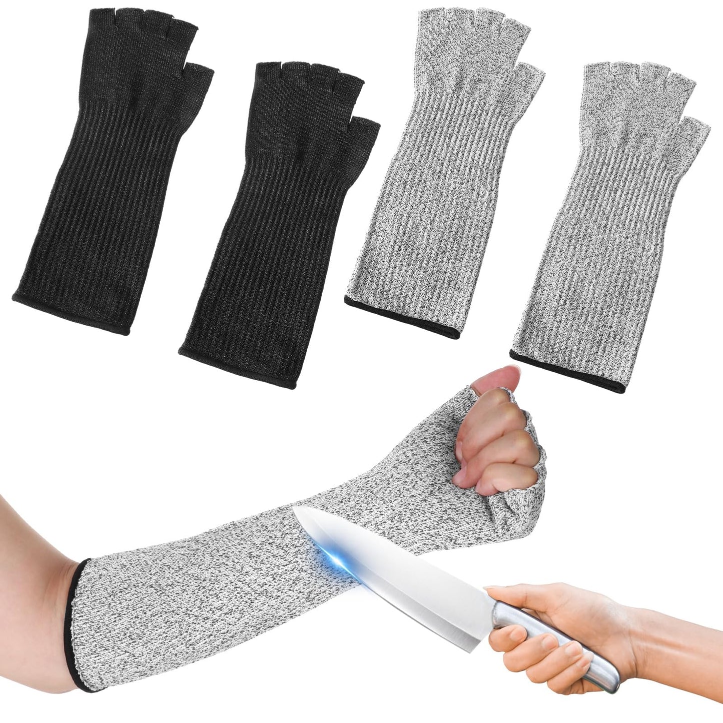 Yolev 2-Piece Half Finger Cut Resistant Sleeves, Reusable 30cm Cut Resistant Arm Protectors, Level 5 Protection Safety Arm Sleeves for Gardening, Kitchen Cooking, Welding (Black, Gray)