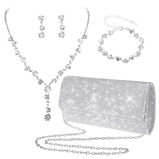Yolev Bridal Wedding Jewelry Set Silver Clutch Purse Bag Evening Bag Rhinestone Jewelry Set Necklace Earrings Bracelet Prom Jewelry Set for Brides Bridesmaid