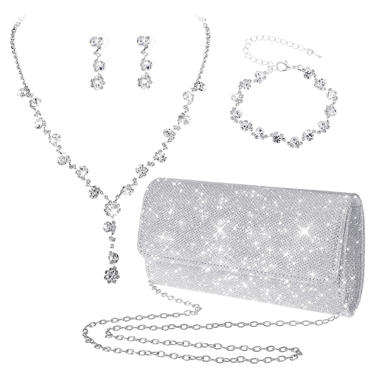 Yolev Bridal Wedding Jewelry Set Silver Clutch Purse Bag Evening Bag Rhinestone Jewelry Set Necklace Earrings Bracelet Prom Jewelry Set for Brides Bridesmaid