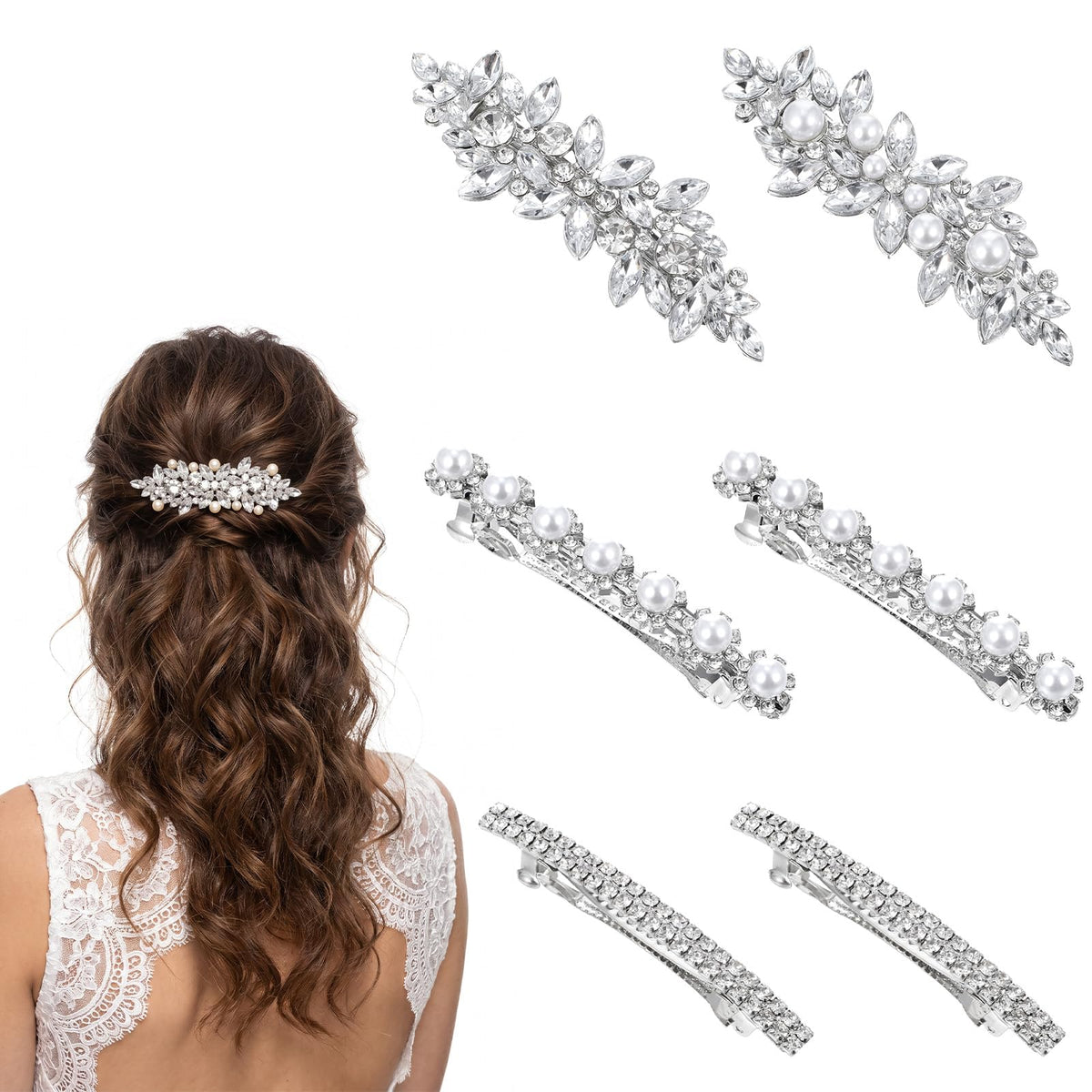 6 Pcs Rhinestone Hair Clips for Women,Pearl Hair Barrettes,Silver Barrettes