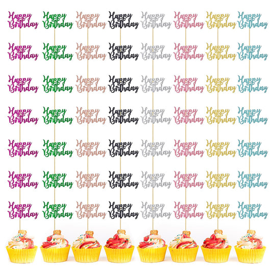 64 Pcs Happy Birthday Cupcake Toppers 8 Colors Glitter Happy Birthday Cupcake Picks Cake Toppers Happy Birthday Cake Decorations Happy Birthday Cake Sign for Birthday Party Cake Decorations Supplies