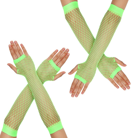 Lusofie Green Fishnet Gloves 2 Pairs Fingerless Long Green Gloves 80s Accessories Vintage Nylon Stretchy Green Gloves Costume for Disco Dance Parties Fancy Cosplay (Green)