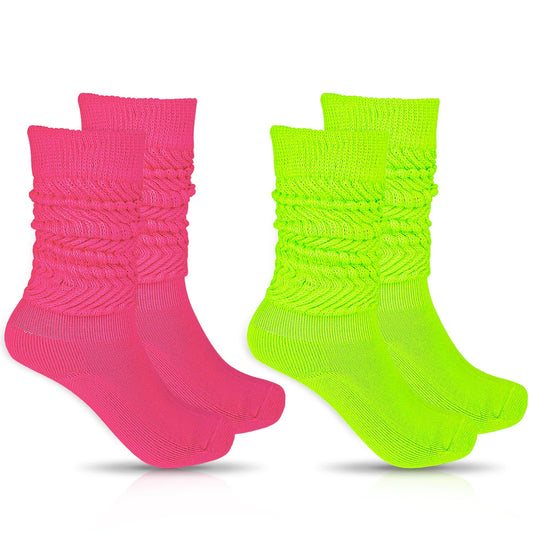 Telooco 2 Pairs Women Slouch Socks Soft Stacked Scrunch Socks 80s Neon Extra Long Stack Socks Thigh High Boot Socks Scrunchie Socks Size 9-11(Fluorescent Green, Rose Red)