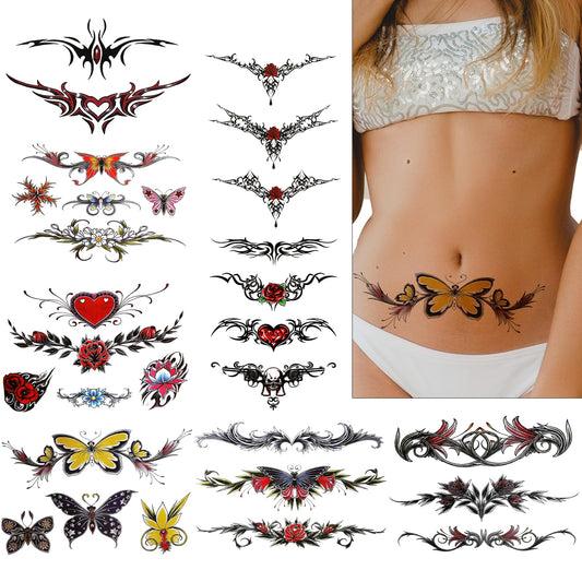8 Sheets Bell Temporary Tattoos for Women Sexy Temporary Tattoos Stickers Large Size Waterproof Butterfly Tattoos Temporary Waist Cover Scar Realistic Temporary Tattoos for Women Girls