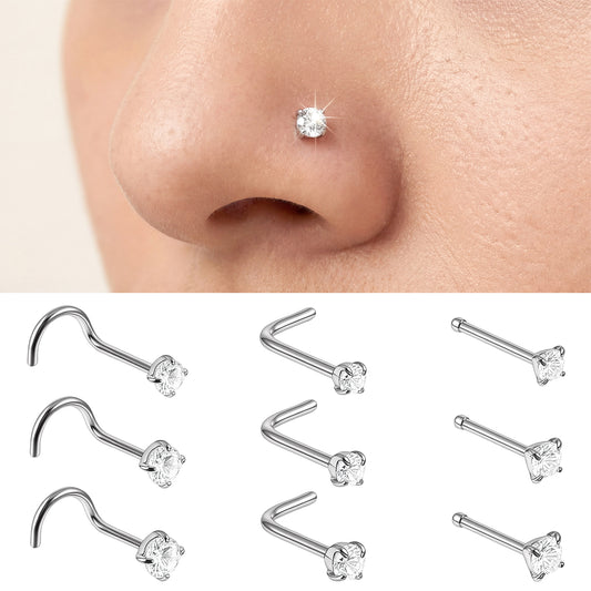 Josojoou 9PCS 20G Nose Stud, Stainless Steel Nose Jewelry for Women, L Shaped & Straight & Corkscrew Stud Noses Rings (Sliver)