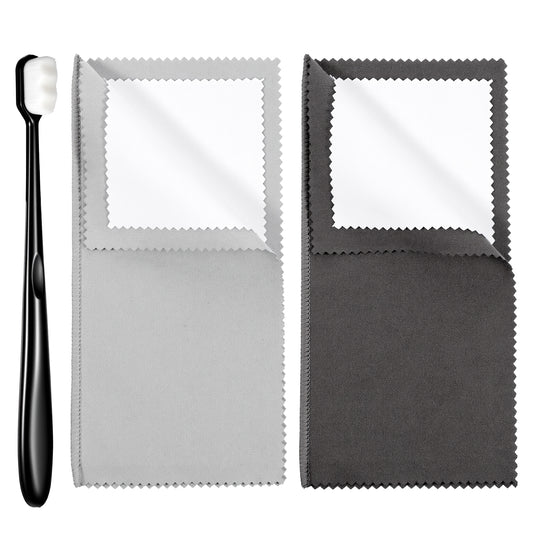 Jewelry Cleaning Cloth & Brush Set - 2 Jewelry Polishing Cloth & 2 Soft Brushes for Gold, Diamonds, Gemstones, Platinum, Coins - Tarnish Removal, No Harsh Chemicals, Safe & Effective Shine