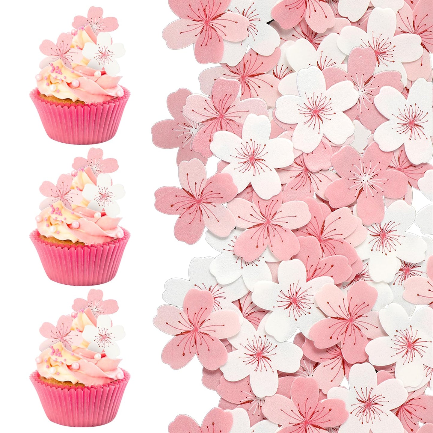 60 Pcs cherry blossom cake toppe Cupcake Toppers Fairy Cake Topper Cake Flowers Decorations for Wedding Birthday Baby Shower Party Supplies