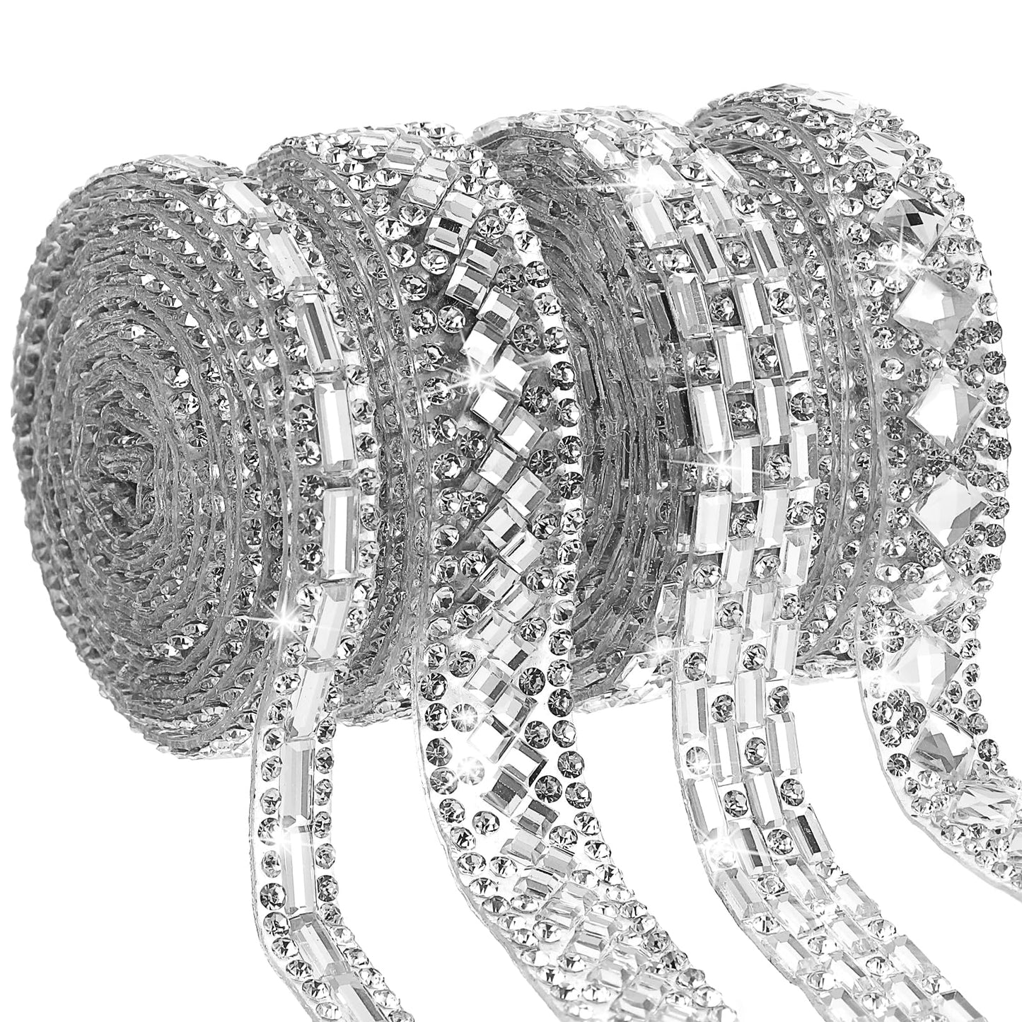 Telooco 4 Rolls Self Adhesive Rhinestone Ribbons 4 Sizes Silver Diamond Crystal Glitter Stickers for DIY Art Crafts Car Phone Mirror Decoration (4 Yards)