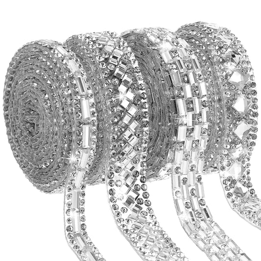 Telooco 4 Rolls Self Adhesive Rhinestone Ribbons 4 Sizes Silver Diamond Crystal Glitter Stickers for DIY Art Crafts Car Phone Mirror Decoration (4 Yards)