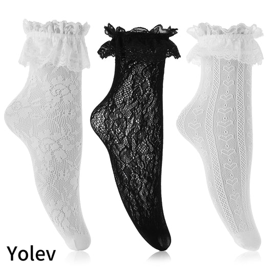 Yolev 3pcs Lace Ruffle Ankle Socks for Women, Lace Trim Frilly Socks Comfortable Socks Princess Socks Fashion Lace Ankle Socks with Ruffle