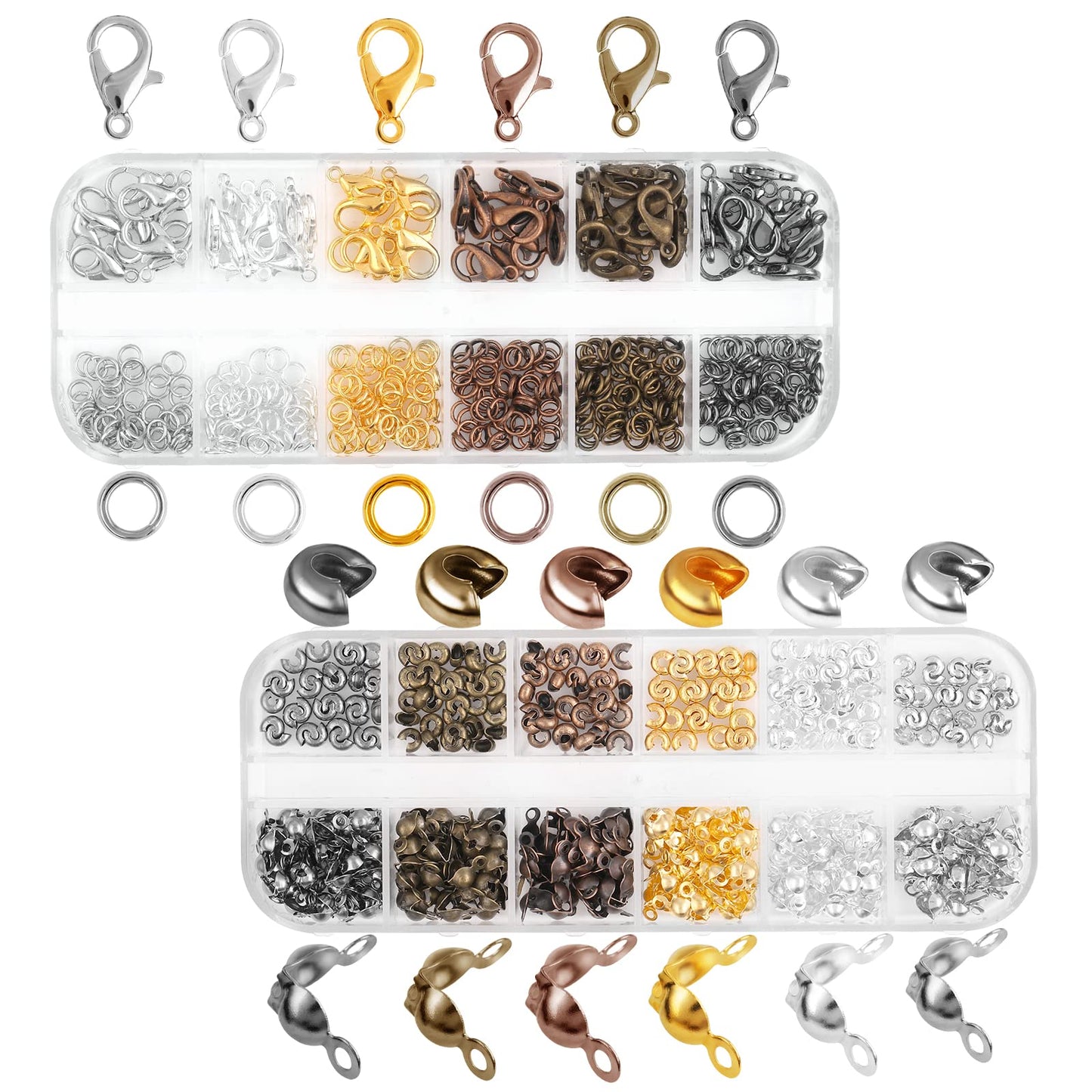 780Pcs Jewelry Making Finding Accessories Set includes 360 Jump Rings 180 Crimp Beads Covers 180 Bead Tips Knot Covers 60 Lobster Claw Clasps with Storage Boxes for DIY Jewelry Bracelets Necklaces
