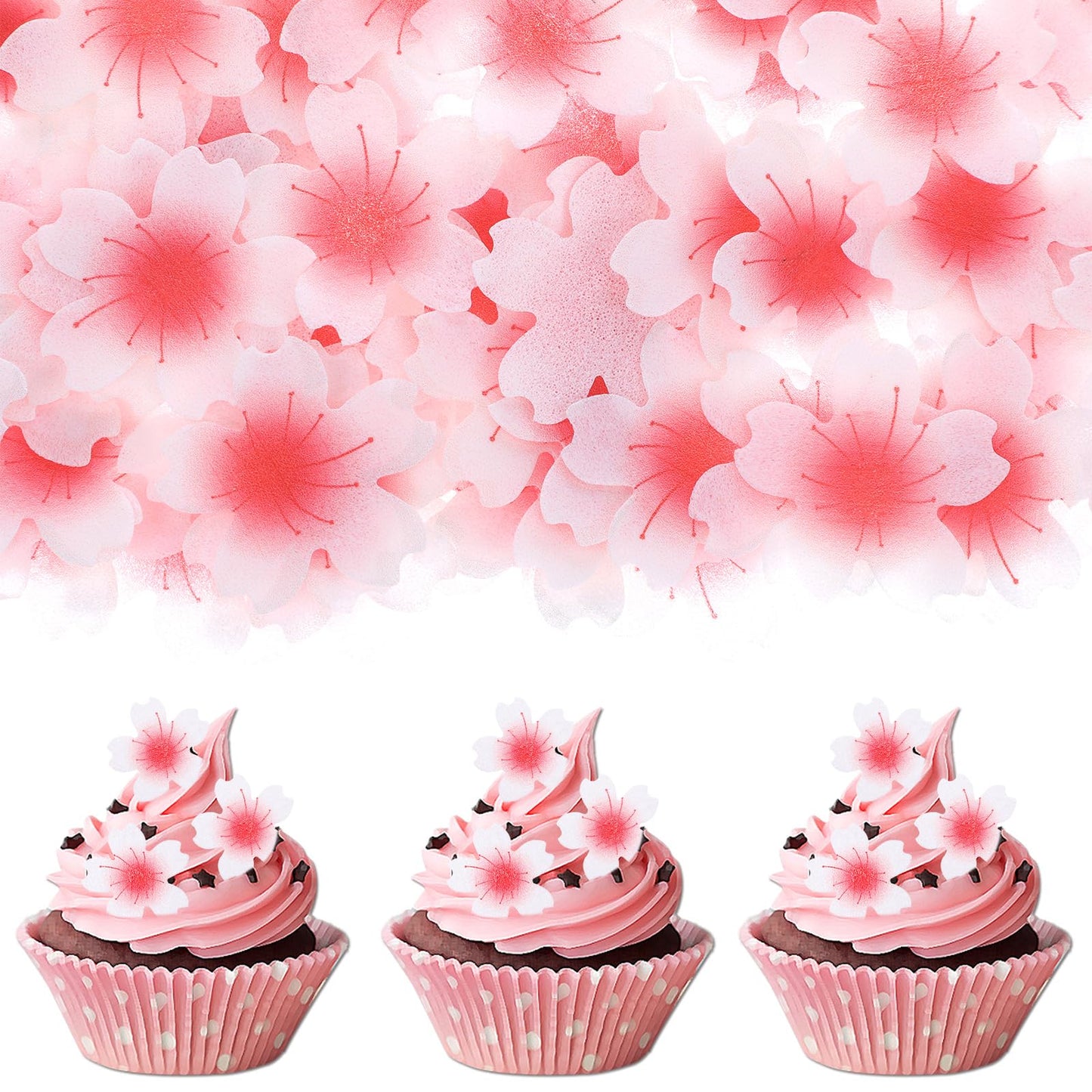 100 Pcs Edible Cherry Blossom Cake Decoration Edible Cherry Blossom Cake Topper Edible Wafer Paper Flowers Cupcake Toppers Edible Cake Flowers for Baby Shower Birthday Party Food Decorations Supplies